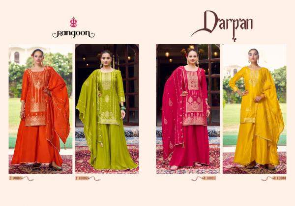 Rangoon Darpan Dola Russian Jacquard Katli Work Kurti Pant And Dupatta