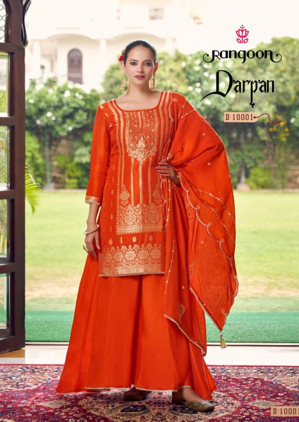 Rangoon Darpan Dola Russian Jacquard Katli Work Kurti Pant And Dupatta