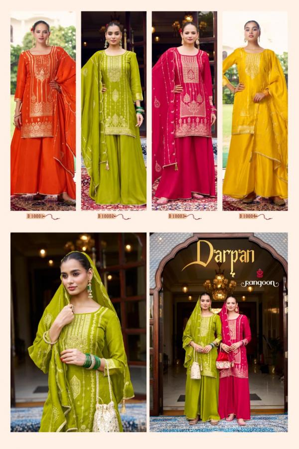 Rangoon Darpan Dola Russian Jacquard Katli Work Kurti Pant And Dupatta