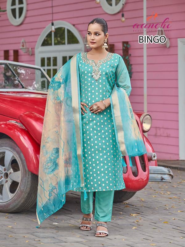 Aanchi Bingo Shimmer Jacquard Butti Kurti Pant And Dupatta Collection