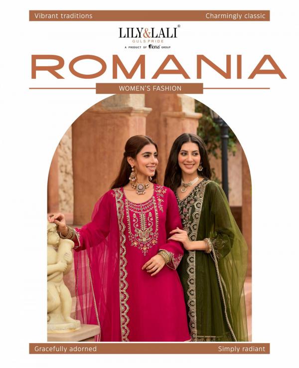 Lily And Lali Romania Silk Embroidery Handwork Kurti Pant And Dupatta Collection