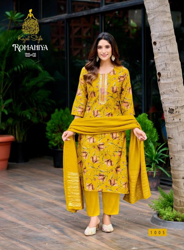 Romaniya Vol 1 By Kajal Style Vertican Embroidery Work Kurti Pant And Dupatta