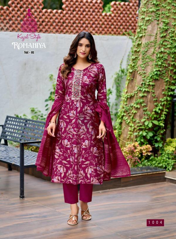 Romaniya Vol 1 By Kajal Style Vertican Embroidery Work Kurti Pant And Dupatta