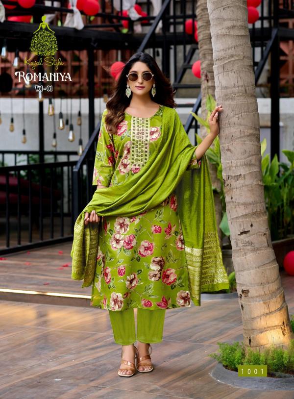 Romaniya Vol 1 By Kajal Style Vertican Embroidery Work Kurti Pant And Dupatta