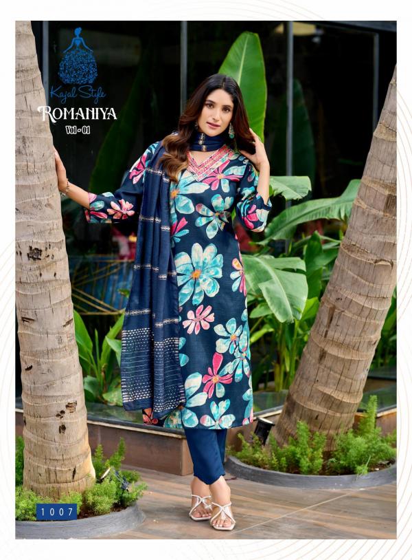 Romaniya Vol 1 By Kajal Style Vertican Embroidery Work Kurti Pant And Dupatta