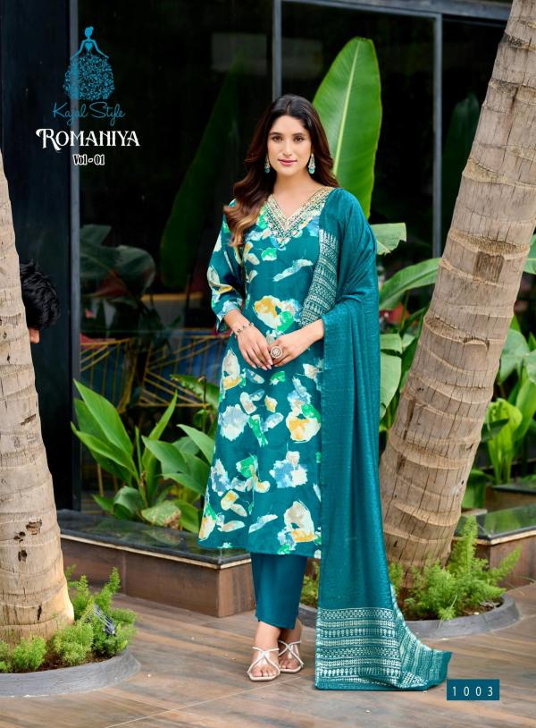 Romaniya Vol 1 By Kajal Style Vertican Embroidery Work Kurti Pant And Dupatta
