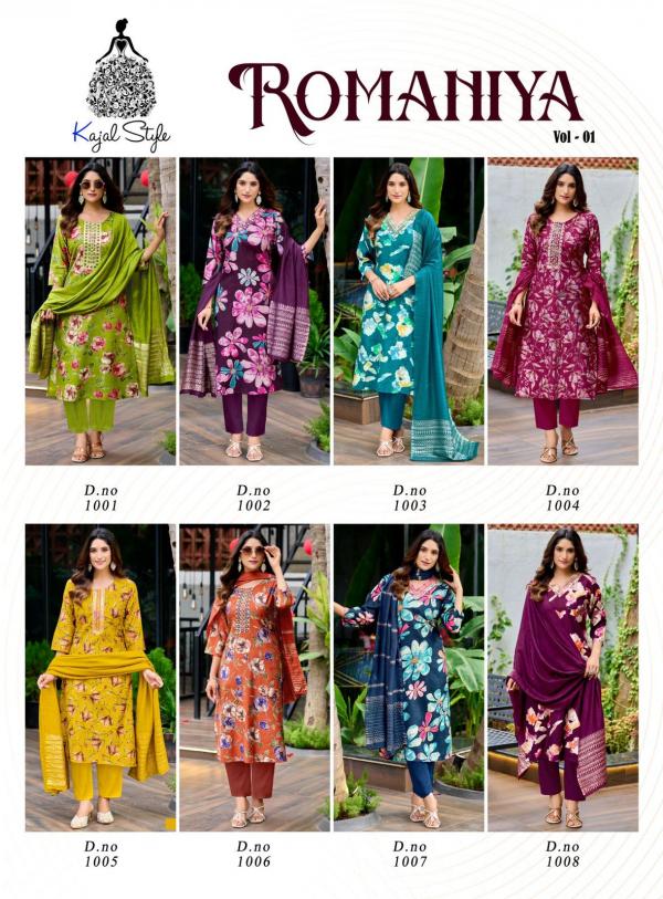 Romaniya Vol 1 By Kajal Style Vertican Embroidery Work Kurti Pant And Dupatta