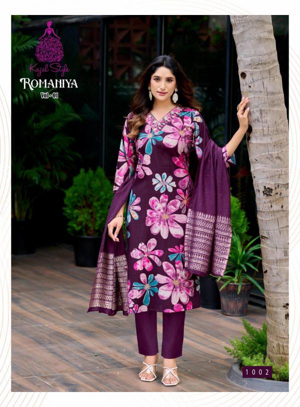 Romaniya Vol 1 By Kajal Style Vertican Embroidery Work Kurti Pant And Dupatta