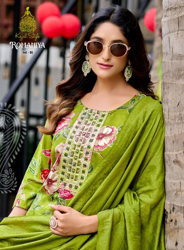 Romaniya Vol 1 By Kajal Style Vertican Embroidery Work Kurti Pant And Dupatta