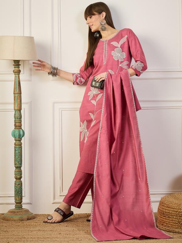 VP 9771 P Pink Embroidery Silk Straight Kurta With Trousers & Dupatta Sets