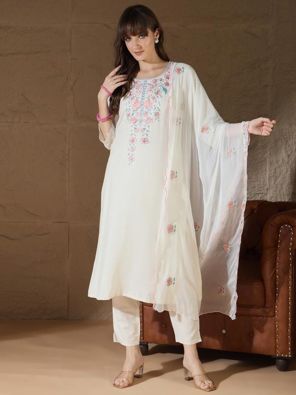 VP 9757 W White khadi cotton Kurta with Trousers & Dupatta Suits