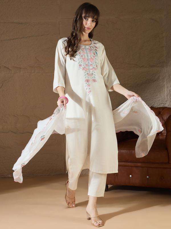 VP 9757 W White khadi cotton Kurta with Trousers & Dupatta Suits