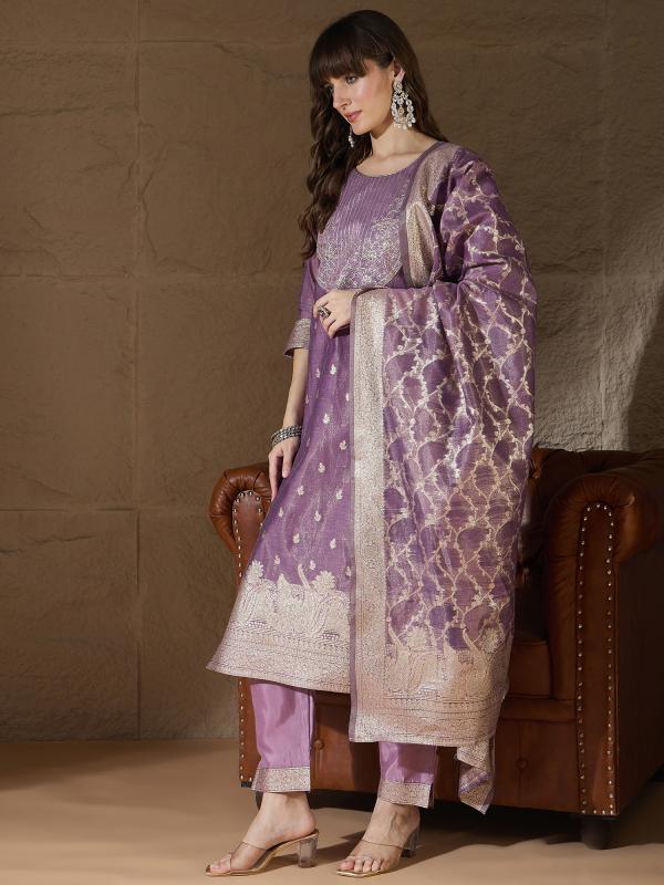VP 9756 P Purple Silk Blend Embroidered with Sequins Straight Kurta Set with Trousers & Dupatta