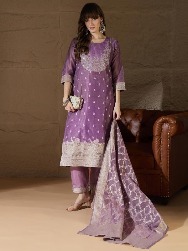 VP 9756 P Purple Silk Blend Embroidered with Sequins Straight Kurta Set with Trousers & Dupatta