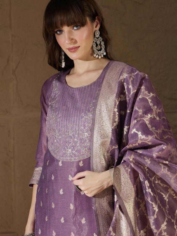 VP 9756 P Purple Silk Blend Embroidered with Sequins Straight Kurta Set with Trousers & Dupatta