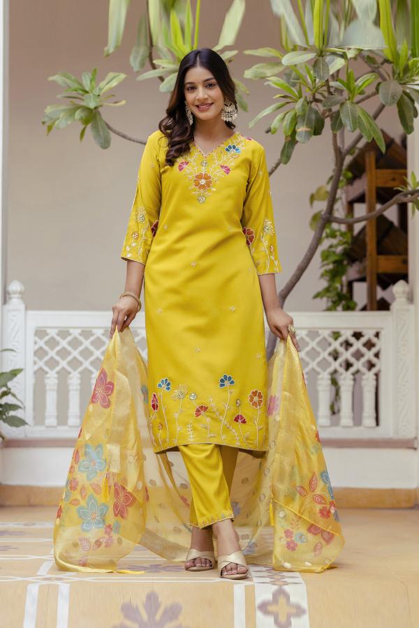VP 9746 Y Floral Embroidered Hand Work Suits Yellow Kurta Pant Sets With Dupatta