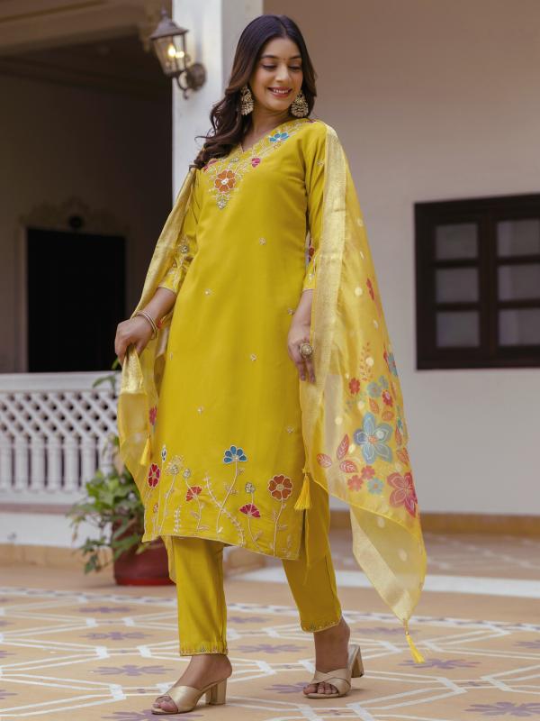 VP 9746 Y Floral Embroidered Hand Work Suits Yellow Kurta Pant Sets With Dupatta