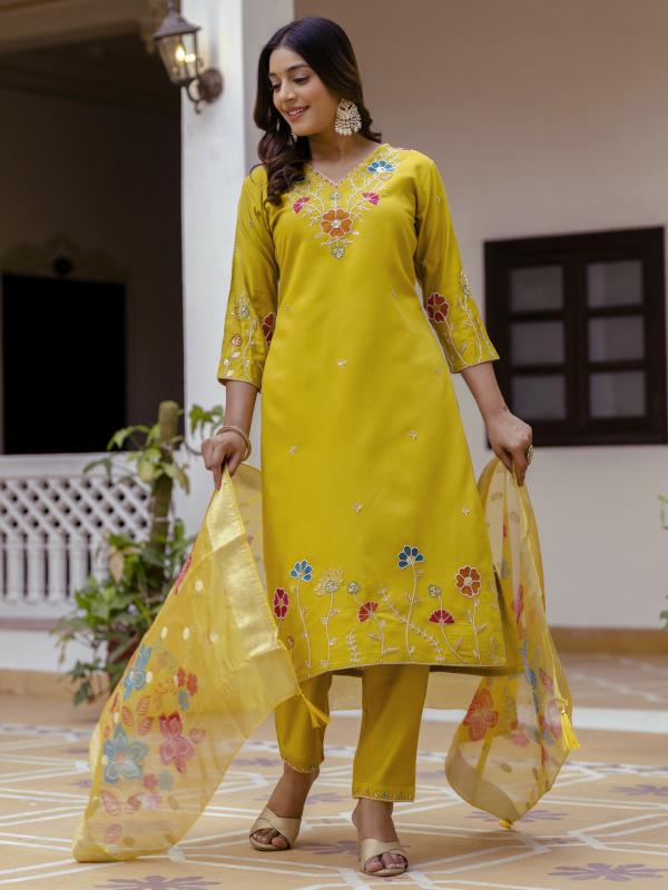 VP 9746 Y Floral Embroidered Hand Work Suits Yellow Kurta Pant Sets With Dupatta