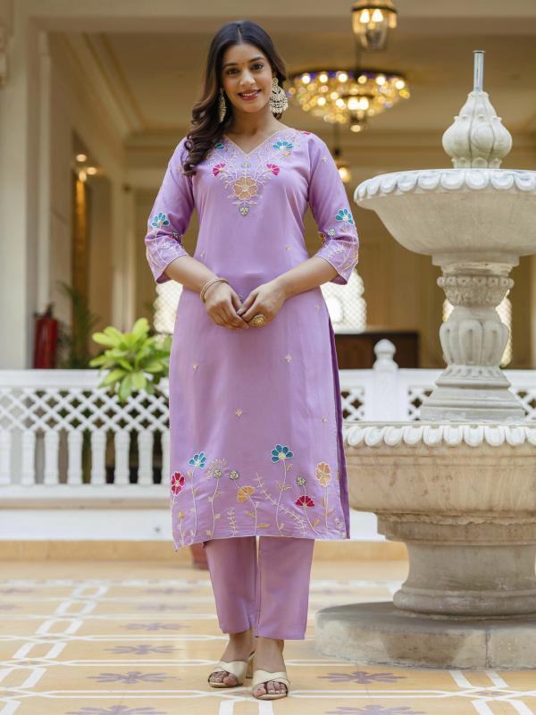 VP 9746 L Embroidered Hand Work Suits levender  Kurta Pant Sets With Dupatta