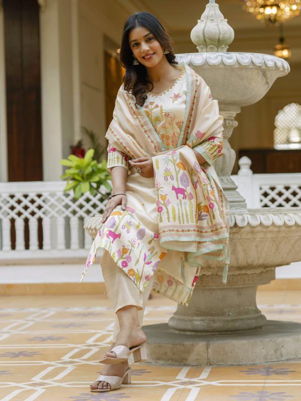 VP 9743 C Floral Printed Handwork Silk Straight Kurta With Trousers & Dupatta Suits