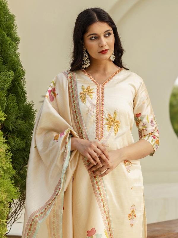 VP 9739 C Cream Floral Print Silk Women Kurta Sets With Printed Dupatta Suits