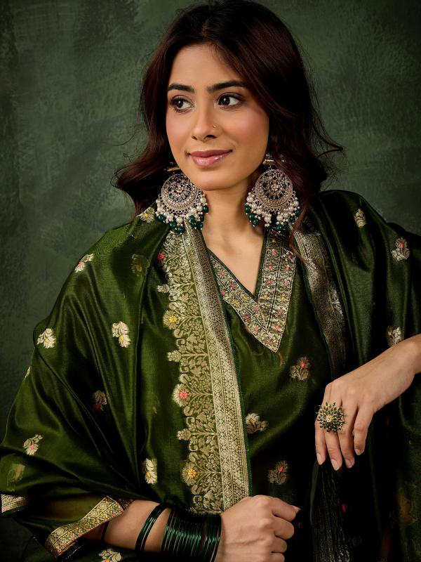 VP 9738 M mehndi Embroidered Silk Blend Organza Meenakari Straight Suits With Dupatta