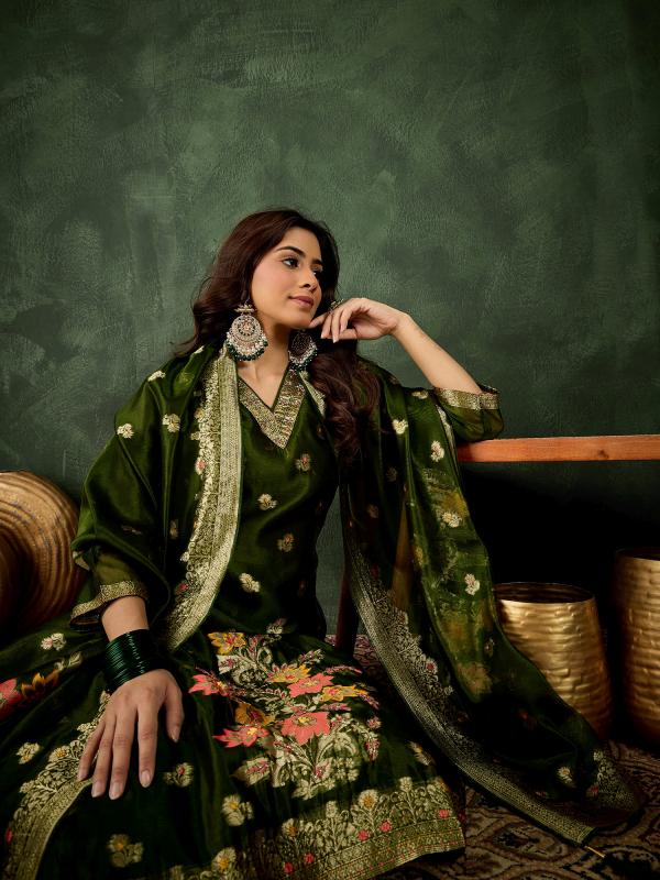 VP 9738 M mehndi Embroidered Silk Blend Organza Meenakari Straight Suits With Dupatta