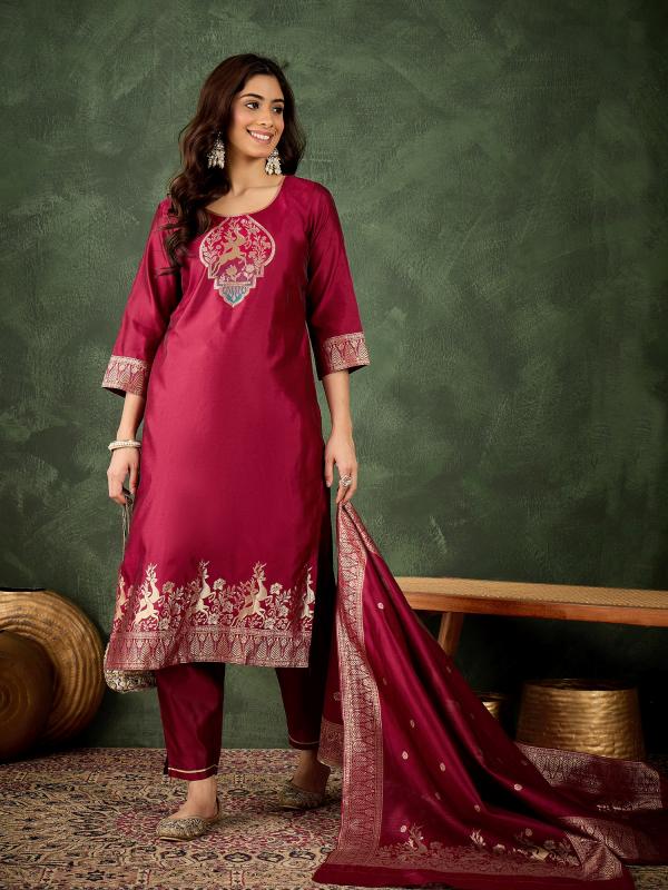 VP 9737 C Silk Blend Banarasi Jacquard Zari Woven Straight Kurta Pant with Dupatta Set