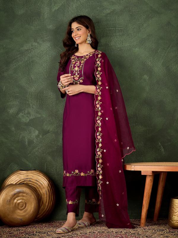 VP 9736 P Purple Women Floral Embroidered Regular Kurta with Trousers & With Dupatta