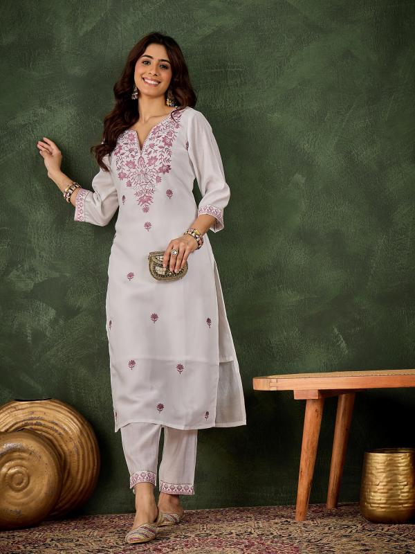 VP 9735 L Women's Silk Blend Embroidered Straight Kurta & Pant Set
