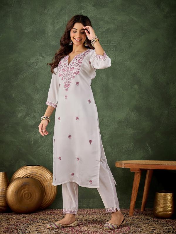 VP 9735 L Women's Silk Blend Embroidered Straight Kurta & Pant Set