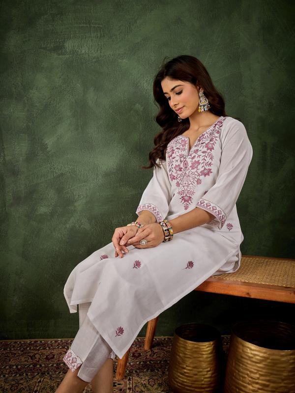VP 9735 L Women's Silk Blend Embroidered Straight Kurta & Pant Set