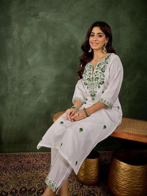 VP 9735 Women's Silk Blend Embroidered Straight Kurta & Pant Set