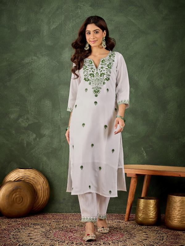 VP 9735 Women's Silk Blend Embroidered Straight Kurta & Pant Set