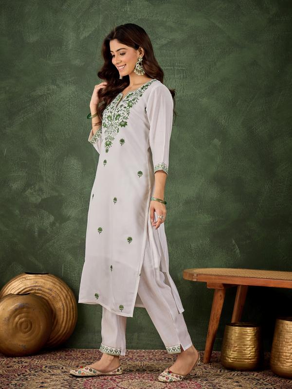 VP 9735 Women's Silk Blend Embroidered Straight Kurta & Pant Set
