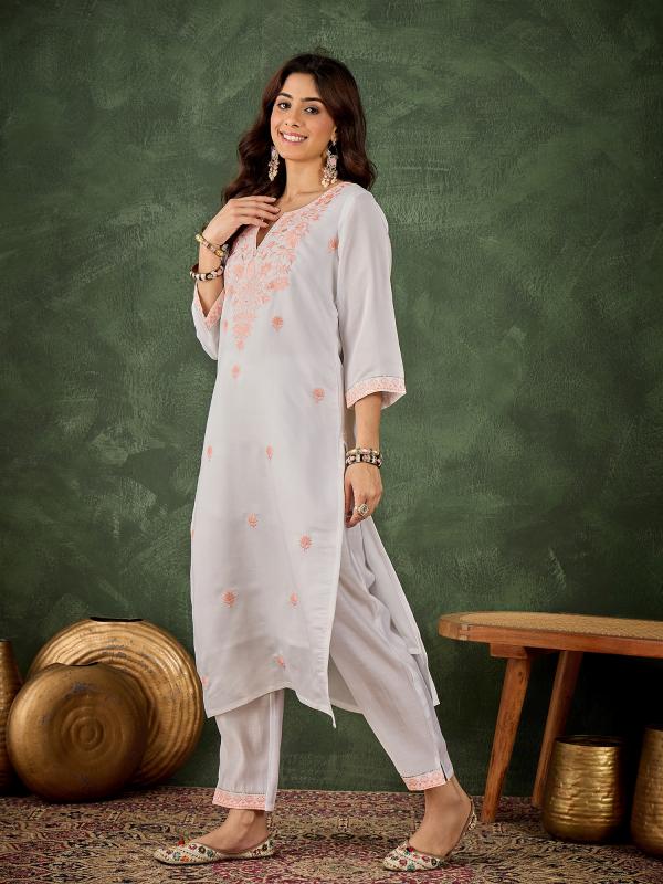 VP 9735 P Dhanu Women's Silk Blend Embroidered Straight Kurta & Pant Set