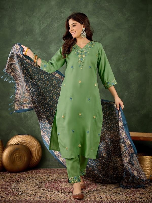 VP 9734 P Women's Embroidered Cotton Kurta Pant Set with Dupatta