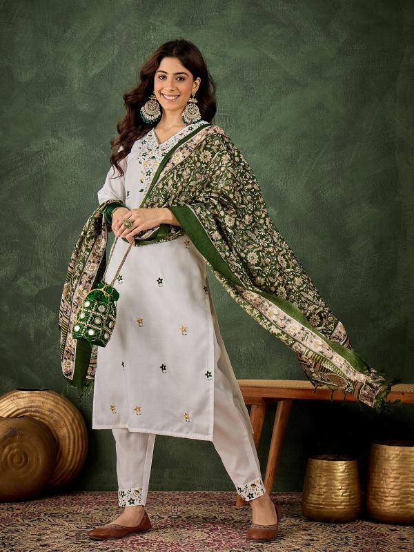 VP 9734 W Women's Embroidered Cotton Kurta Pant Set with Dupatta