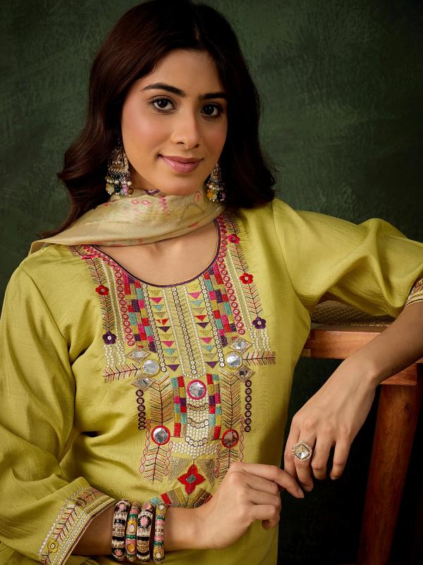 VP 9733 Y Women's Embroidered Yellow Silk Blend Straight Suit Set with Dupatta