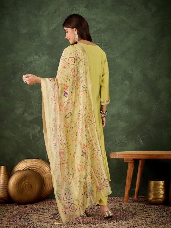 VP 9733 Y Women's Embroidered Yellow Silk Blend Straight Suit Set with Dupatta