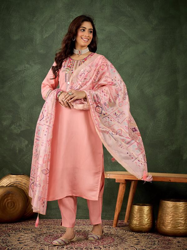 VP 9733 P Women's Embroidered Pink Silk Blend Straight Suit Set with Dupatta