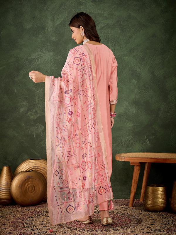 VP 9733 P Women's Embroidered Pink Silk Blend Straight Suit Set with Dupatta