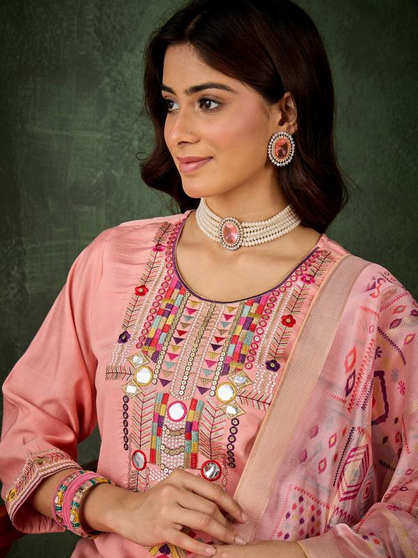 VP 9733 P Women's Embroidered Pink Silk Blend Straight Suit Set with Dupatta