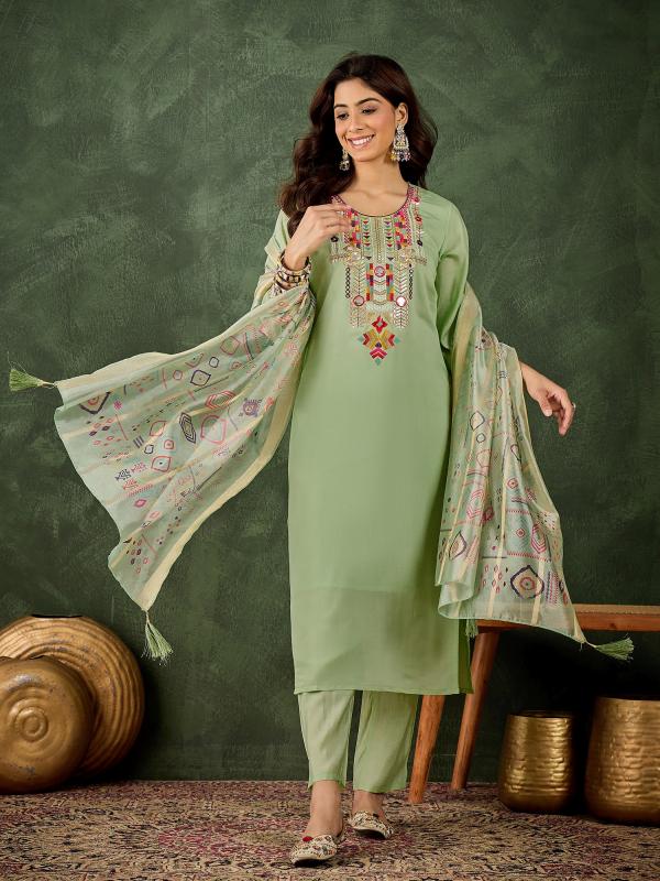 VP 9733 P Women's Embroidered Sea Green Silk Blend Straight Suit Set with Dupatta