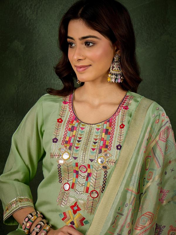 VP 9733 P Women's Embroidered Sea Green Silk Blend Straight Suit Set with Dupatta