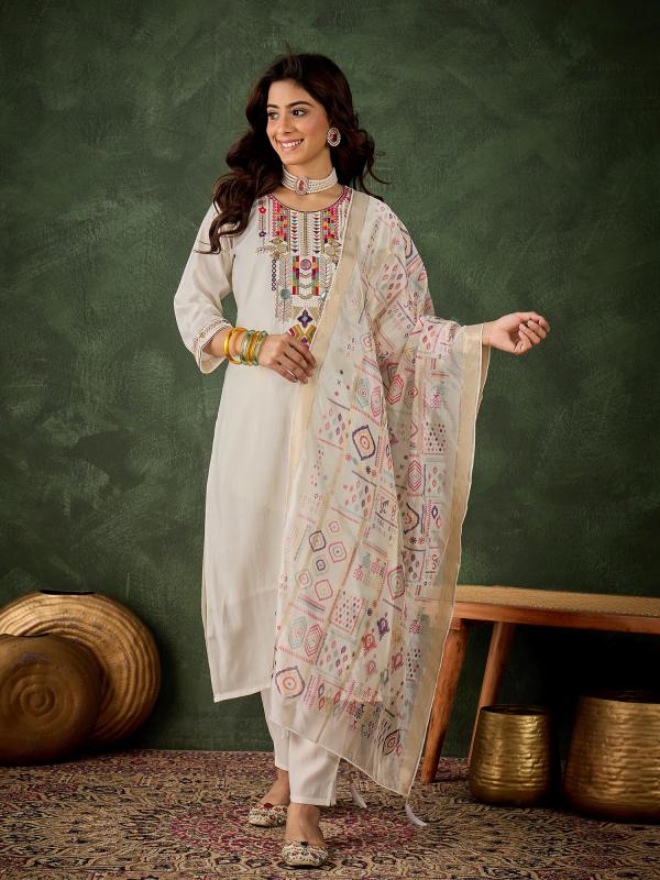 VP 9733 W Women's Embroidered White Silk Blend Straight Suit Set with Dupatta