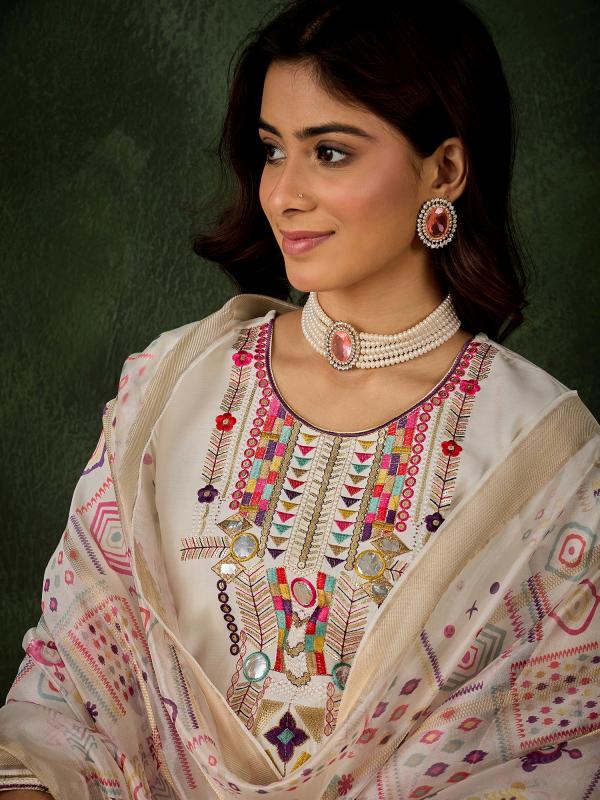 VP 9733 W Women's Embroidered White Silk Blend Straight Suit Set with Dupatta