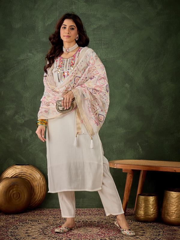 VP 9733 W Women's Embroidered White Silk Blend Straight Suit Set with Dupatta