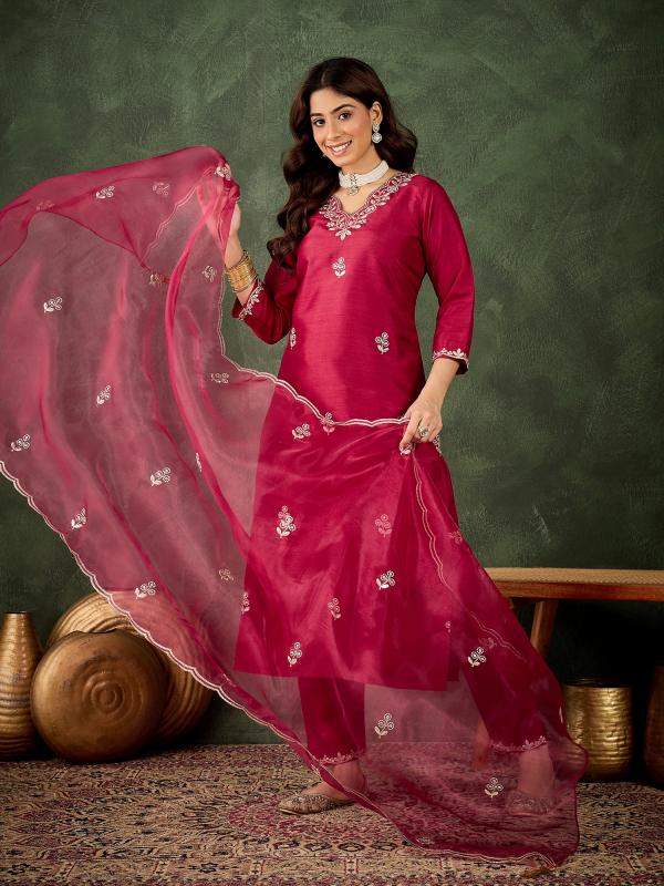 VP 9731 C Women Kurta and Pant Dupatta Sets Silk Blend Fabrics with Embroidery