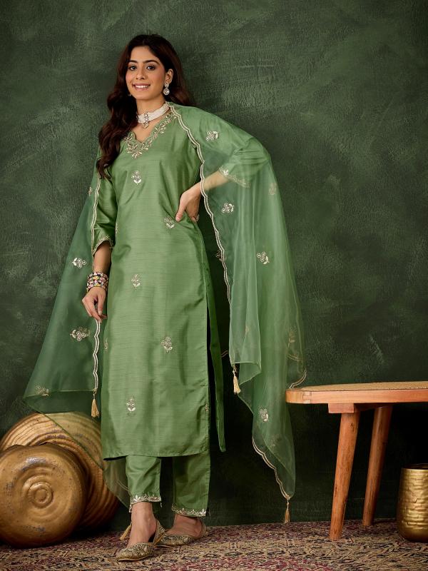 VP 9731 P Qaushi Women Kurta and Pant Dupatta Sets Silk Blend Fabrics with Embroidery